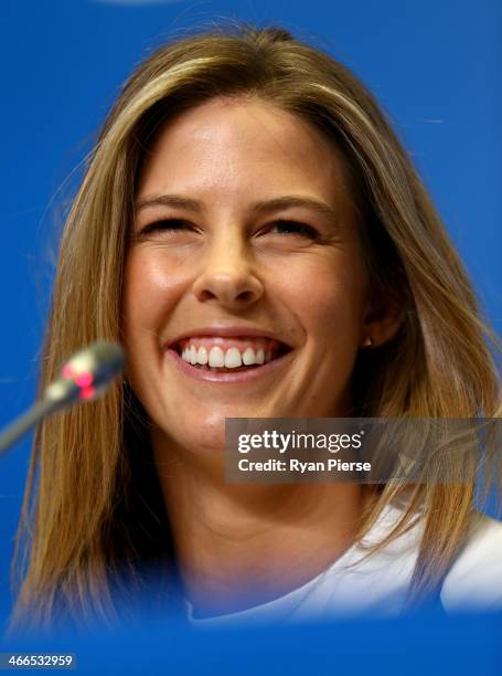 Torah Bright of Australia addresses the media during an Australian Olympic team snowboard and freestyle skiers press conference at the Gorki Media...