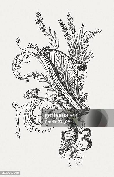 harp and floral ornaments, wood engraving, published in 1860 - harp stock illustrations