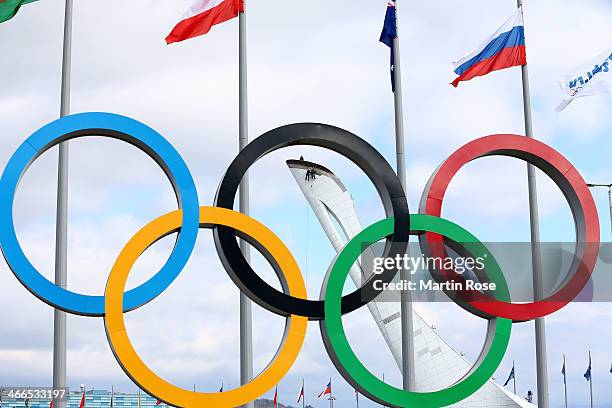 The Olympic Rings are displayed while workers prepare the Olympic Cauldron ahead of the Sochi 2014 Winter Olympics at Olympic Park on February 2,...