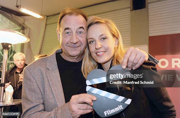 Actors Dietrich Siegl and Lilian Klebow pose for a photograph during the Flimmit launch party at Summerstage on March 16, 2015 in Vienna, Austria.