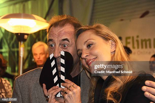 Actors Dietrich Siegl and Lilian Klebow pose for a photograph during the Flimmit launch party at Summerstage on March 16, 2015 in Vienna, Austria.