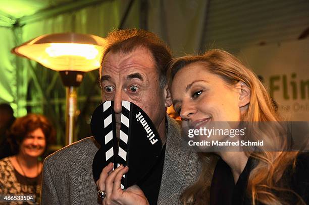 Actors Dietrich Siegl and Lilian Klebow pose for a photograph during the Flimmit launch party at Summerstage on March 16, 2015 in Vienna, Austria.