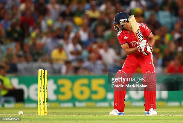 Ravi Bopara of England is bowled during game three of the International Twenty20 series between Australia and England at ANZ Stadium on February 2,...
