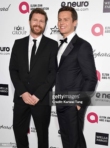 Andrew Haigh and Jonathan Groff attend the Elton John AIDS Foundation's 23rd annual Academy Awards Viewing Party at The City of West Hollywood Park...