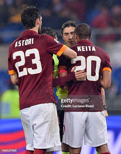 Roma player Seydou Keita complaining to the referee Giampaolo Calvarese during the Serie A match between AS Roma and UC Sampdoria at Stadio Olimpico...