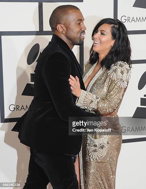 Kanye West and Kim Kardashian arrive at the 57th GRAMMY Awards at Staples Center on February 8, 2015 in Los Angeles, California.