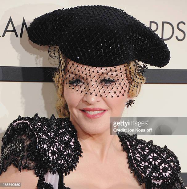 Singer Madonna arrives at the 57th GRAMMY Awards at Staples Center on February 8, 2015 in Los Angeles, California.