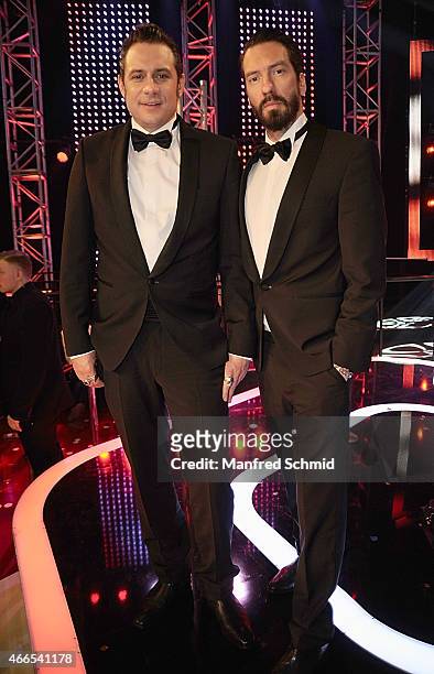 Sascha Vollmer aka Hoss Power and Alec Voelkel aka Boss Burns of The BossHoss pose backstage during the Eurovision Song Contest 2015 - Wer singt fuer...