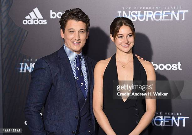 Actor Miles Teller and actress Shailene Woodley attend "The Divergent Series: Insurgent" New York premiere at Ziegfeld Theater on March 16, 2015 in...