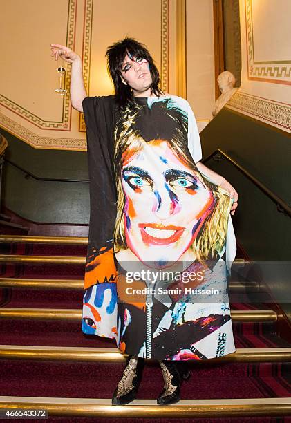 Noel Fielding and Lliana Bird attend a private view of the Noel Fielding art exhibition 'He Wore Dreams Around Unkind Faces' at the Royal Albert Hall...