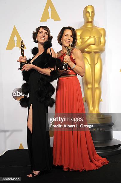 Producer Dana Perry and director Ellen Goosenberg Kent winners of the Best Documentary Short Award for 'Crisis Hotline; Veterans Press 1' pose inside...