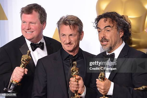 Producer James W. Skotchdopole, actor Sean Penn, producer/director Alejandro G. Inarritu, winner of Best Original Screenplay, Best Director, and Best...