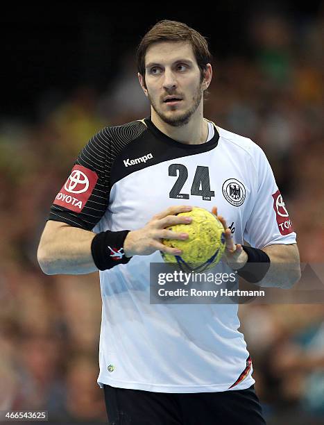 Michael Haass of Germany during the All Star Game 2014 between Germany and the Handball Bundesliga Allstars at Arena Leipzig on February 1, 2014 in...