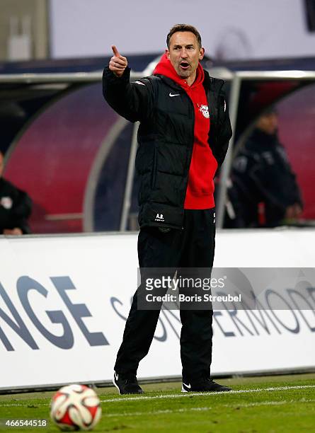 Head coach Achim Beierlorzer of Leipzig gestures during the Second Bundesliga match between RB Leipzig and Fortuna Duesseldorf at Red Bull Arena on...