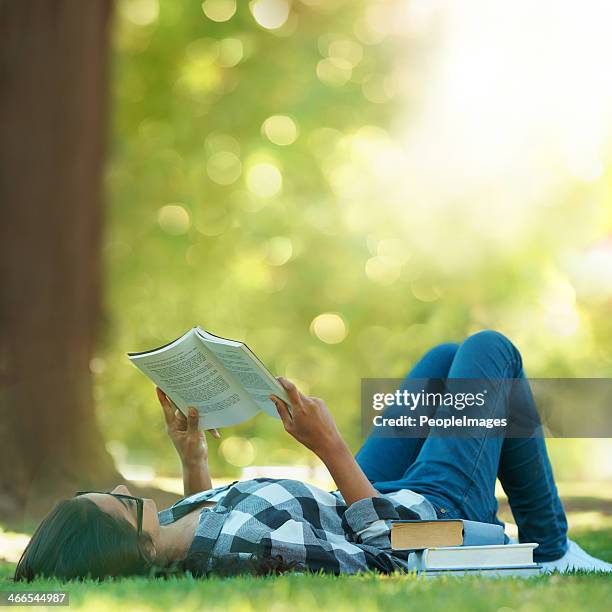 diversión de verano días - mujer leyendo libro en el parque fotografías e imágenes de stock