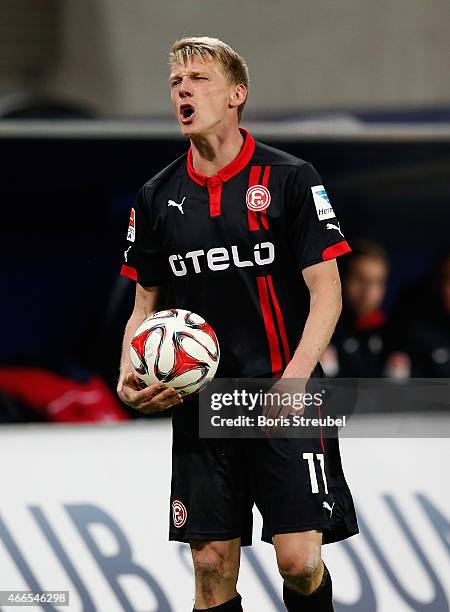 Axel Bellinghausen of Duesseldorf reacts during the Second Bundesliga match between RB Leipzig and Fortuna Duesseldorf at Red Bull Arena on March 16,...