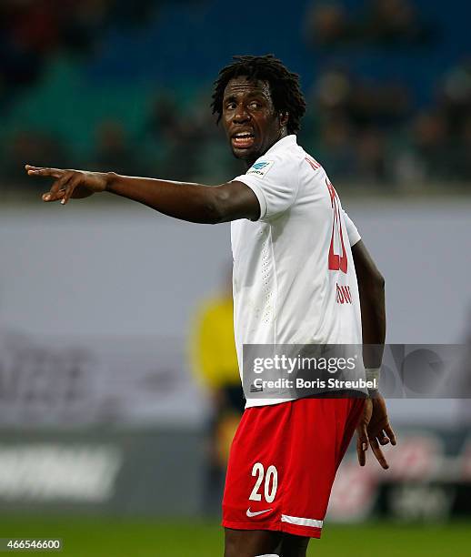 Rodnei of Leipzig gestures during the Second Bundesliga match between RB Leipzig and Fortuna Duesseldorf at Red Bull Arena on March 16, 2015 in...