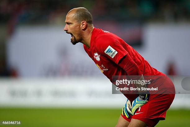 Goalkeeper Fabio Coltorti of Leipzig reacts during the Second Bundesliga match between RB Leipzig and Fortuna Duesseldorf at Red Bull Arena on March...