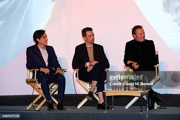 Director Frederic Tcheng, Dior designer Pieter Mulier and Olivier Bialobos attend the UK premiere of "Dior And I" at The Curzon Mayfair on March 16,...