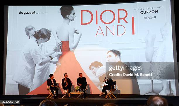 Director Frederic Tcheng, Dior designer Pieter Mulier and Olivier Bialobos speak with Mariella Frostrup at the UK premiere of "Dior And I" at The...