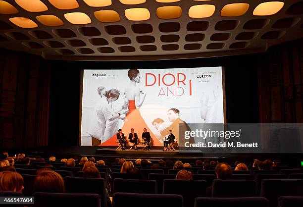 Director Frederic Tcheng, Dior designer Pieter Mulier and Olivier Bialobos speak with Mariella Frostrup at the UK premiere of "Dior And I" at The...