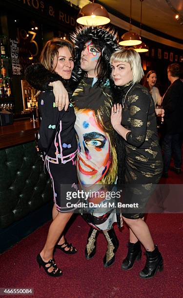 Lliana Bird, Noel Fielding and Sunta Templeton attend a private view of "He Wore Dreams Around Unkind Faces", an exhibition by Noel Fielding, at the...