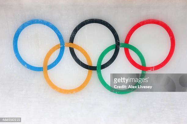 Olympic rings are seen in the ice of the track at Sanki Sliding Centre ahead of the Sochi 2014 Winter Olympics on February 2, 2014 in Sochi, Russia.
