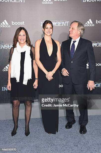 Producer Lucie Fisher, actress Shailene Woodley and producer Douglas Wick attend "The Divergent Series: Insurgent" New York premiere at Ziegfeld...