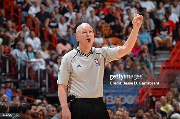 Legendary Referee Joey Crawford calls a foul during the game where the Miami Heat against the Cleveland Cavaliers at the American Airlines Arena on...