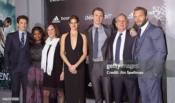 Actors Miles Teller, Octavia Spencer, producers Lucy Fisher, Shailene Woodley, Ansel Elgort, producer Douglas Wick and Jai Courtney attend the "The...