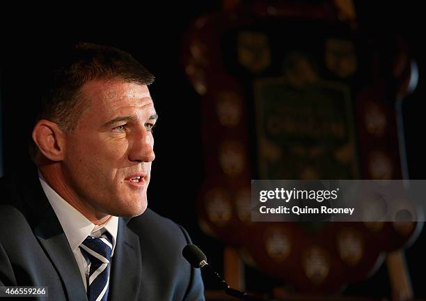 Captain Paul Gallen talks to the media during the 2015 State of Origin Series Launch at Eureka Tower on March 17, 2015 in Melbourne, Australia.