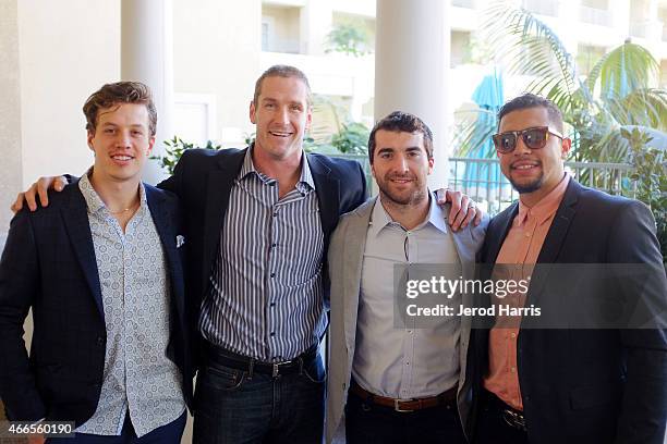 Rickard Rackell, Tim Jackman, Kyle Palmieri and Emerson Etem attend the Anaheim Lady Ducks Fashion Show Luncheon with Bloomingdale's South Coast...