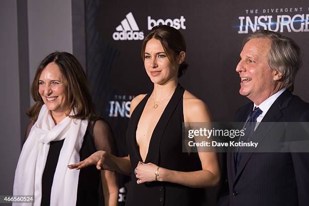 Producer Lucy Fisher, actress Shailene Woodley and producer Douglas Wick arrives at the "The Divergent Series: Insurgent" New York premiere at...