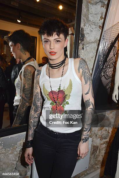 Model Skydolliz attends 'Du Mythe A La Realite' Arlinda Mestre Photo Exhibition Preview at Espace Morin Du Vertbois on March on March 16, 2015 in...