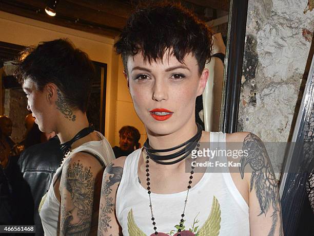 Model Skydolliz attends 'Du Mythe A La Realite' Arlinda Mestre Photo Exhibition Preview at Espace Morin Du Vertbois on March on March 16, 2015 in...