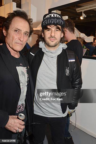 Franck Ros and photographer Julien Lachaussee attend 'Du Mythe A La Realite' Arlinda Mestre Photo Exhibition Preview at Espace Morin Du Vertbois on...