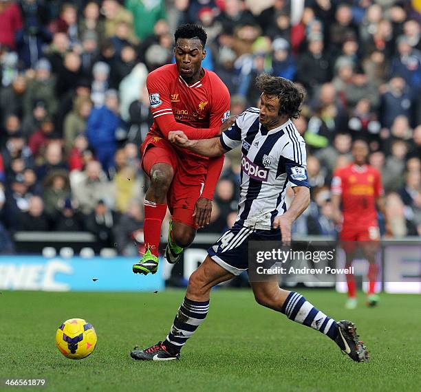 Daniel Sturridge of Liverpool and Diego Lugano of West Bromwich Albion during the Barclays Premier Leauge match between West Bromwich Albion and...