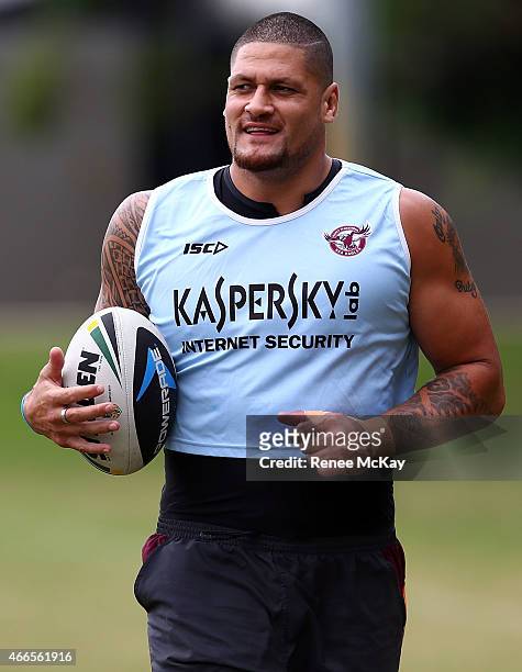 Willie Mason warms up during a Manly Sea Eagles NRL training session at Sydney Academy of Sport on March 17, 2015 in Sydney, Australia.