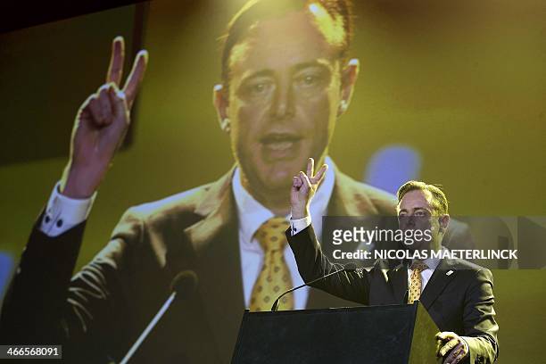 Flemish nationalist N-VA party chairman and mayor of Antwerp Bart De Wever gestures as he delivers a speech on the last of a three-day N-VA congress...
