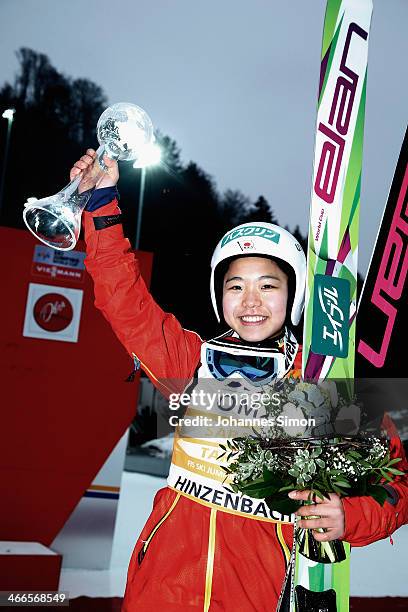 Sara Takanashi of Japan celebrates after winning the Normal Hill Individual competition during the FIS Women's Ski Jumping World Cup at Hinzenbach...