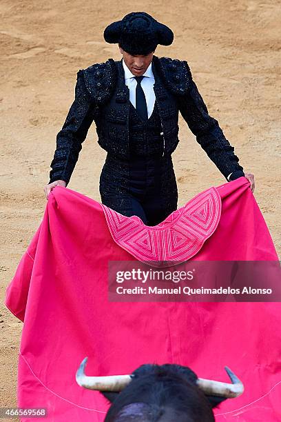 Spanish bullfighter Jose Maria Manzanares performs during a bullfighting as part of the Las Fallas Festival in a bullfight on March 16, 2015 in...