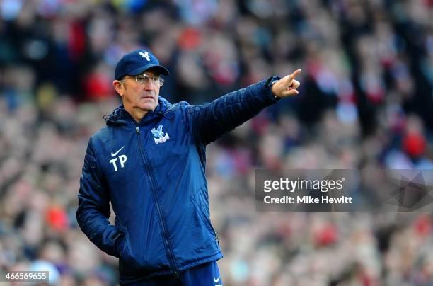 Tony Pulis manager of Crystal Palace gives instructions during the Barclays Premier League match between Arsenal and Crystal Palace at Emirates...