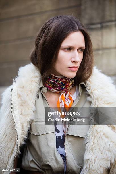 Model Ella Zadavysvichka exits the Haider Ackermann show on March 7, 2015 in Paris, France.