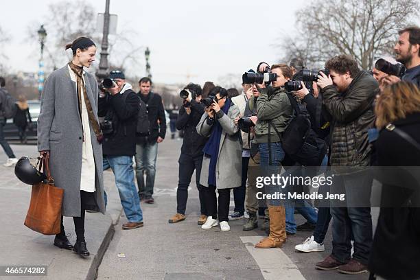 Model Saskia De Brauw exits the Mugler show at Grand Palais on March 7, 2015 in Paris, France.