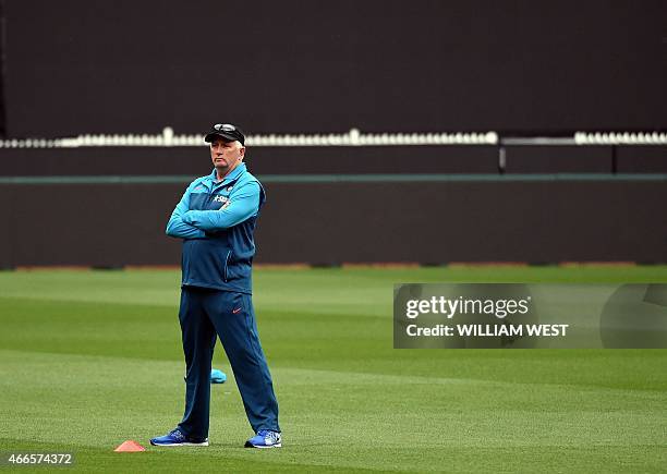 Indian cricket coach Duncan Fletcher watches the players in a game of football during a training session ahead of their 2015 Cricket World Cup...