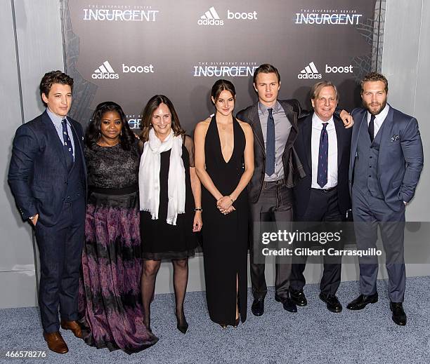 Actors Miles Teller, Octavia Spencer, producers Lucy Fisher, Shailene Woodley, Ansel Elgort, producer Douglas Wick and Jai Courtney attend The...