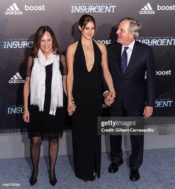 Producer Lucy Fisher, actress Shailene Woodley and producer Douglas Wick attend The Divergent Series' 'Insurgent' New York premiere at Ziegfeld...