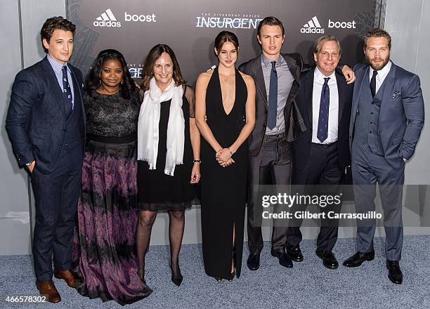 Actors Miles Teller, Octavia Spencer, producers Lucy Fisher, Shailene Woodley, Ansel Elgort, producer Douglas Wick and Jai Courtney attend The...