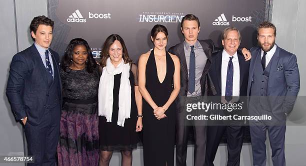 Actors Miles Teller, Octavia Spencer, producers Lucy Fisher, Shailene Woodley, Ansel Elgort, producer Douglas Wick and Jai Courtney attend The...