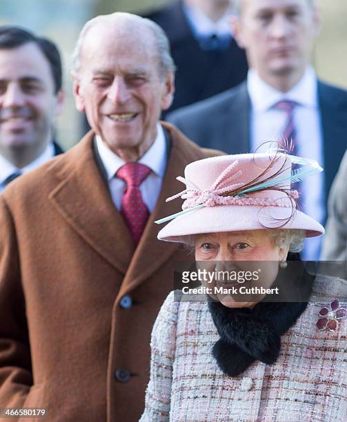 Queen Elizabeth II and Prince Philip, Duke of Edinburgh attend church at West Newton on February 2, 2014 in King's Lynn, England.